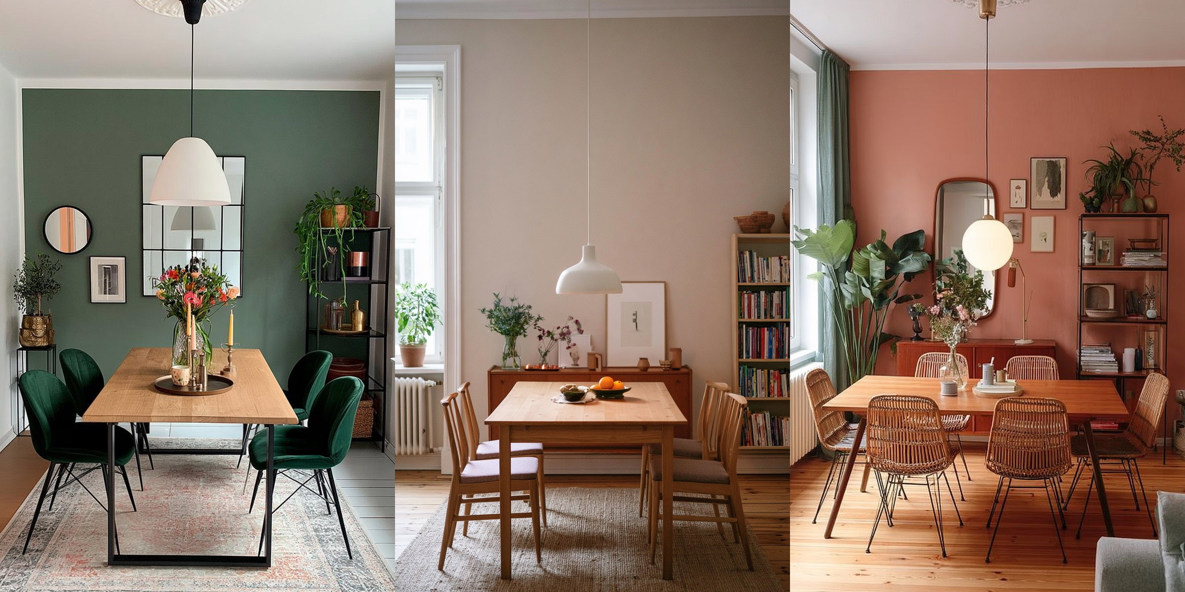Drei Esszimmer mit Wänden in Eukalyptusgrün, Rosebeige und Terrakotta - KI-generiert